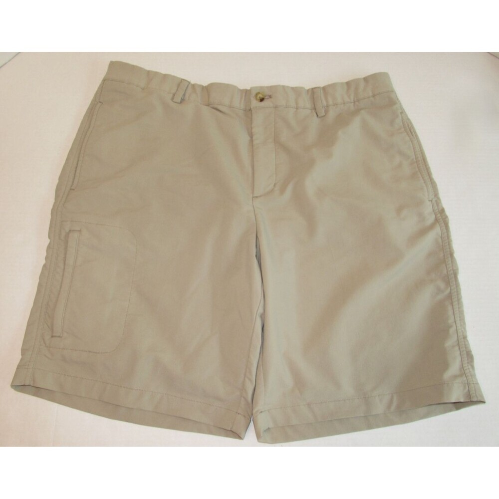 Mens Greg Norman Comfort Stretch Flat Front Beige Golf Shorts Zip Pocket Size 40